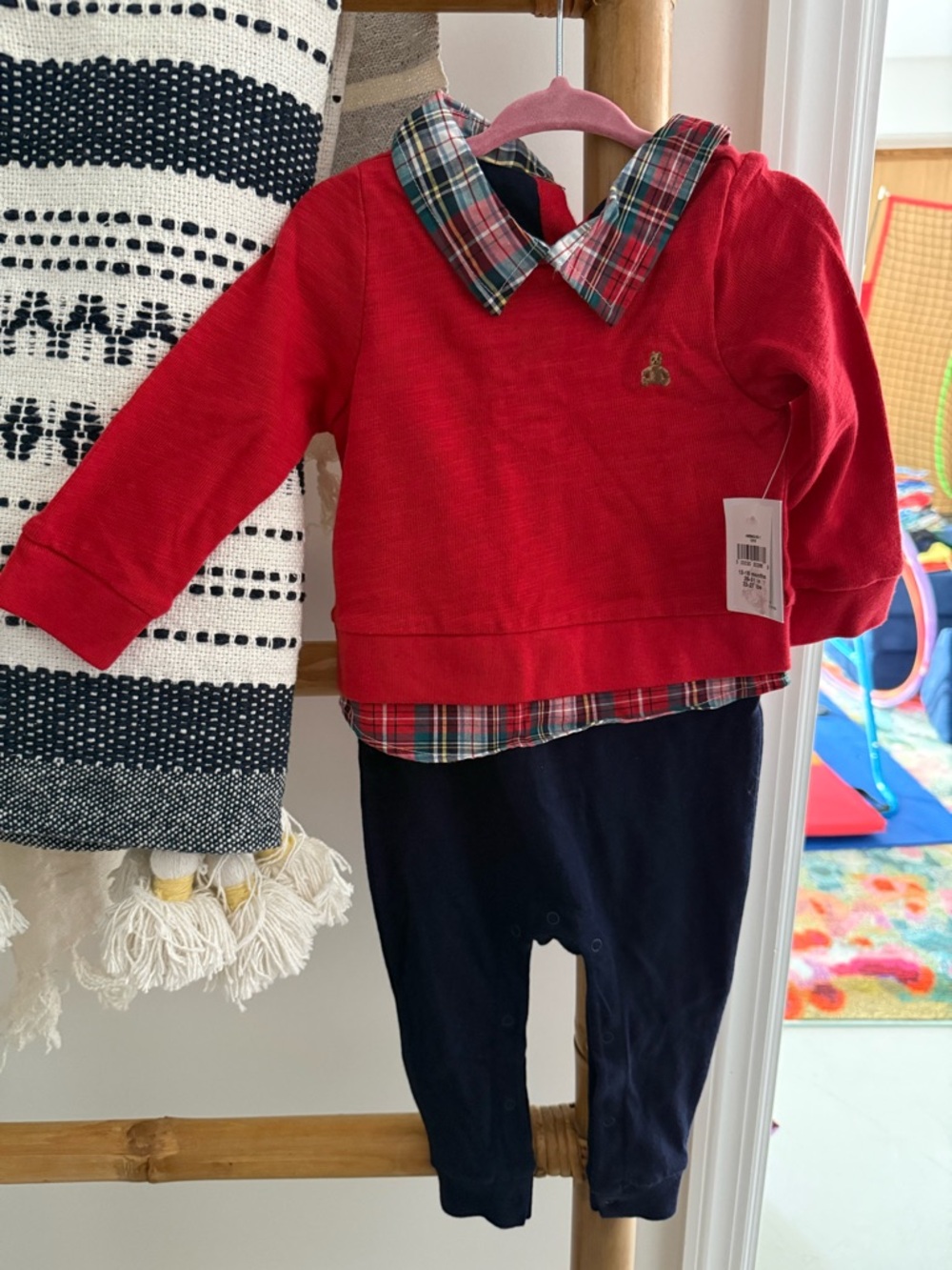 GAP Baby Red One-Piece with Navy Interior and Plaid Trim